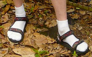 Michael Lowe Wright's feet in socks and sandals